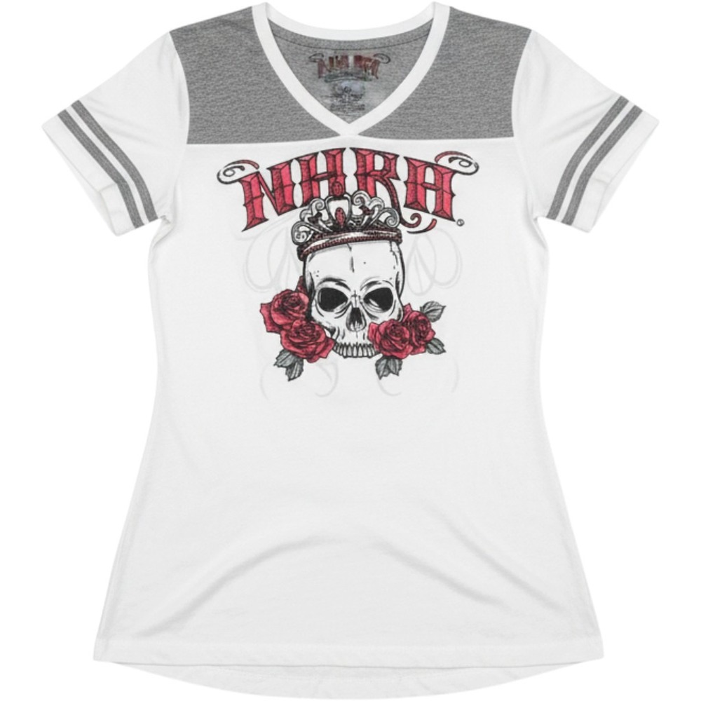NHRA Racing Womens Graphic Tee L Skull Roses Crown‎ Gray White V Neck DistRICT